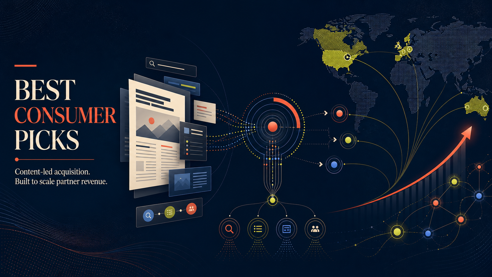 An editorial performance marketing system connecting content, precision acquisition, measurement, global markets, and partner revenue growth